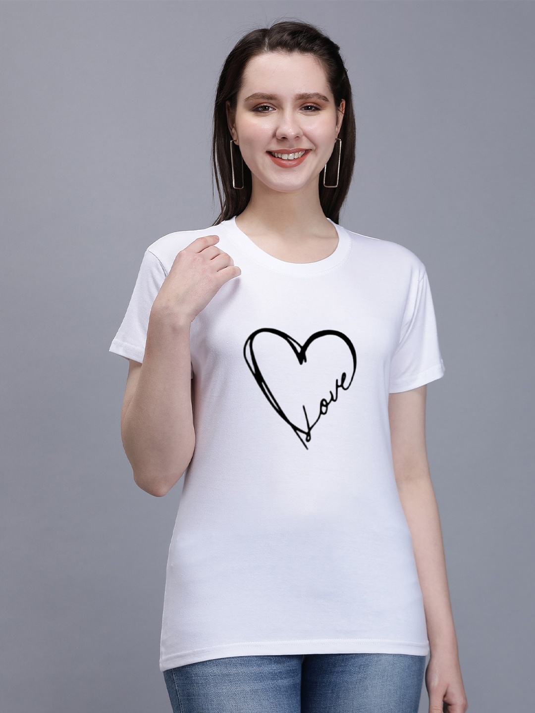 

TRENDY RABBIT Women Graphic Printed Round Neck Cotton T-shirt, White