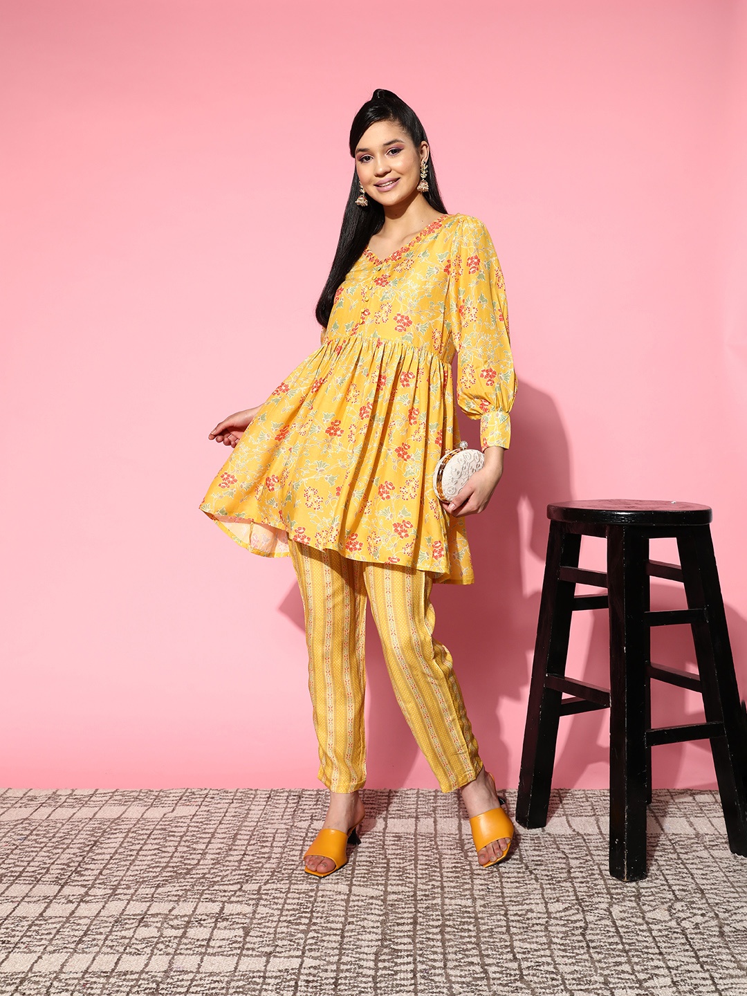 

ZOLA Floral Printed Pleated Kurta with Trousers, Yellow