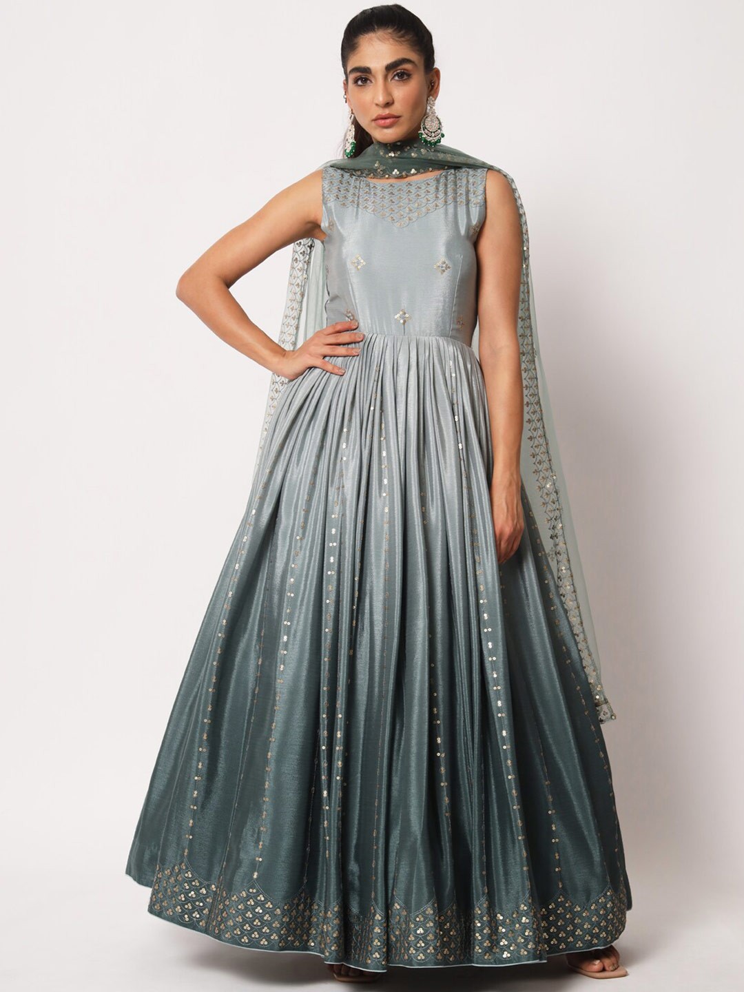 

SHUBHKALA Embroidered Art Silk Semi-Stitched Dress Material, Green
