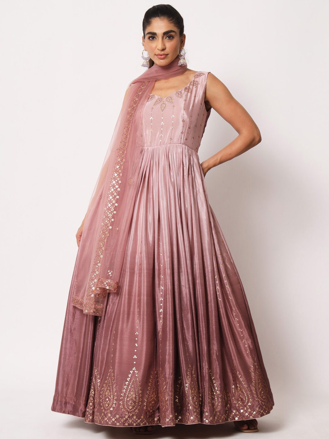

SHUBHKALA Embroidered Maxi Gown Ethnic Dress With Dupatta, Pink