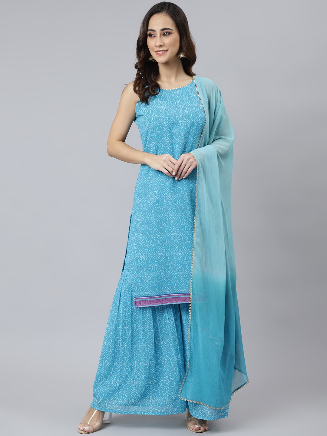 

Janasya Women Printed Sleeveless Gotta Patti Kurta with Sharara & Dupatta, Blue