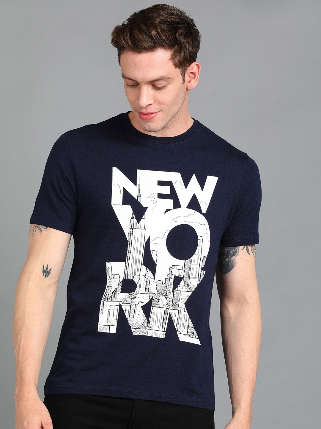 

Urbano Fashion Men Printed Slim Fit Cotton T-shirt, Navy blue