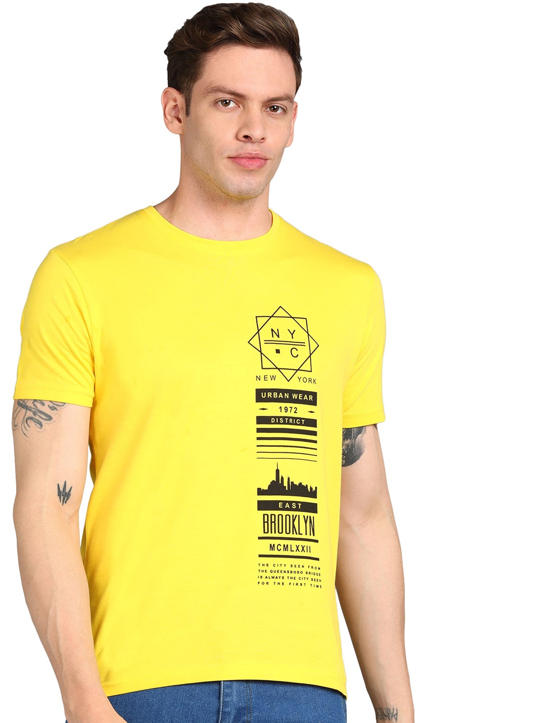 

Urbano Fashion Men Printed Slim Fit Cotton T-shirt, Yellow