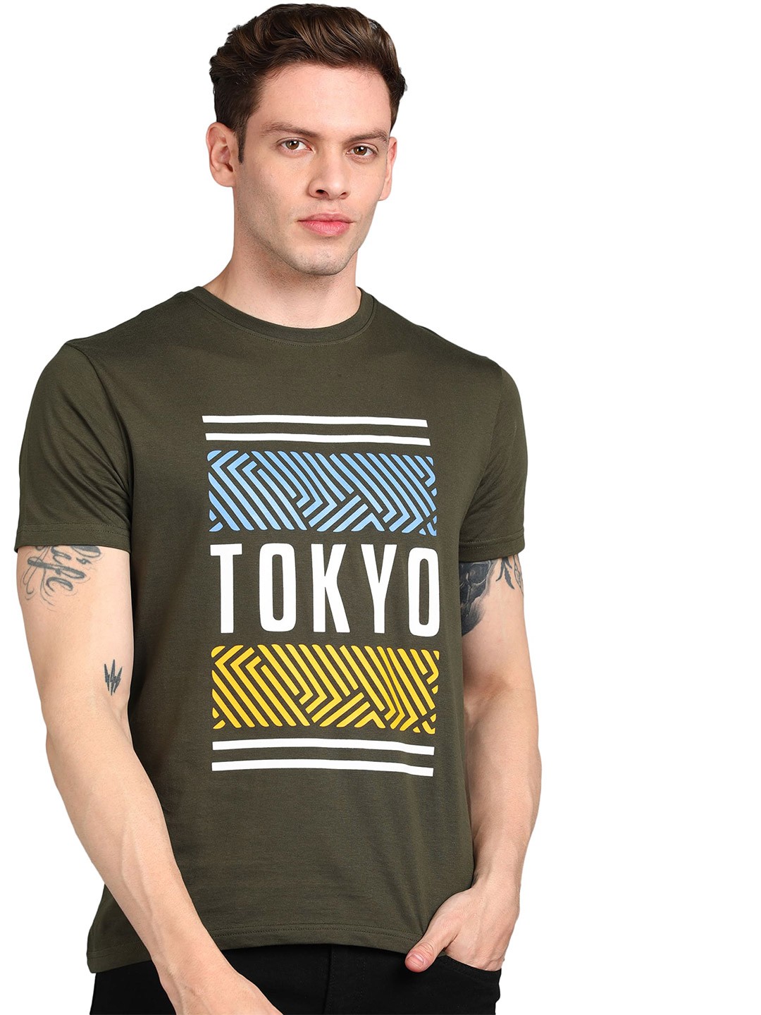 

Urbano Fashion Men Typography Printed Slim Fit Cotton T-shirt, Olive