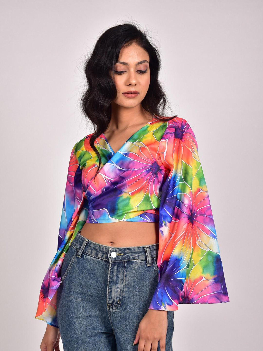 

Rajoria Instyle Floral Print V-Neck Crepe Wrap Crop Top, Multi
