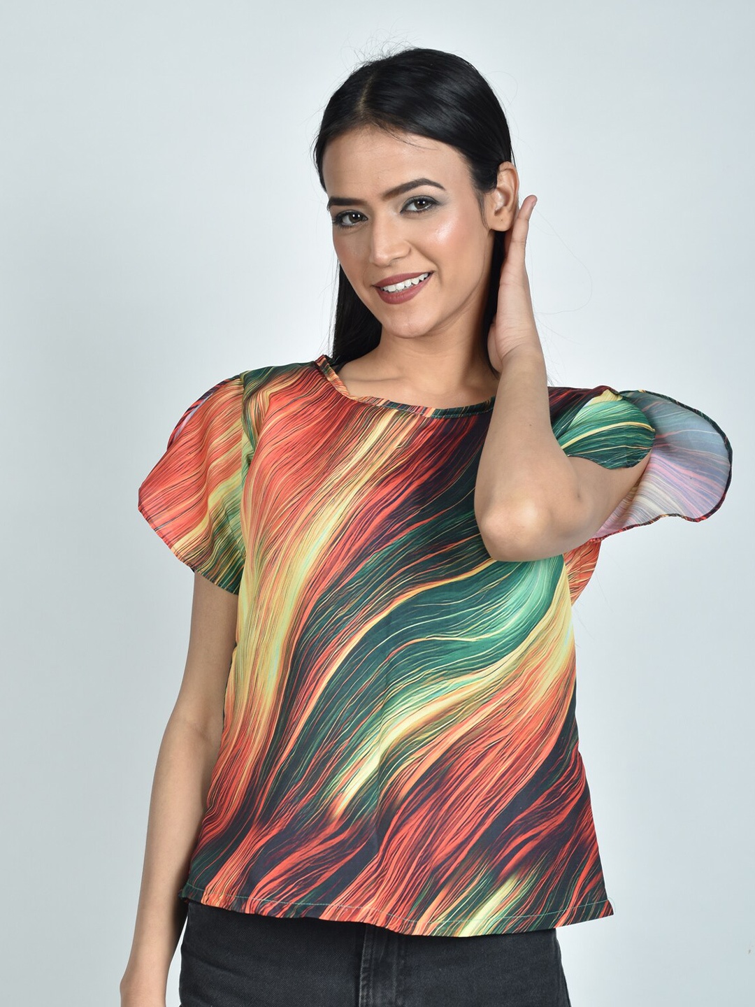 

Rajoria Instyle Abstract Petal Sleeves Print Top, Orange