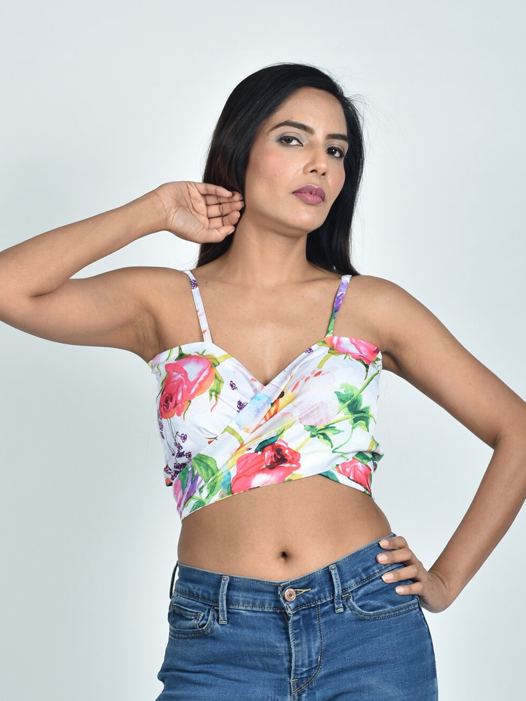 

Rajoria Instyle Floral Printed Crepe Wrap Crop Top, White