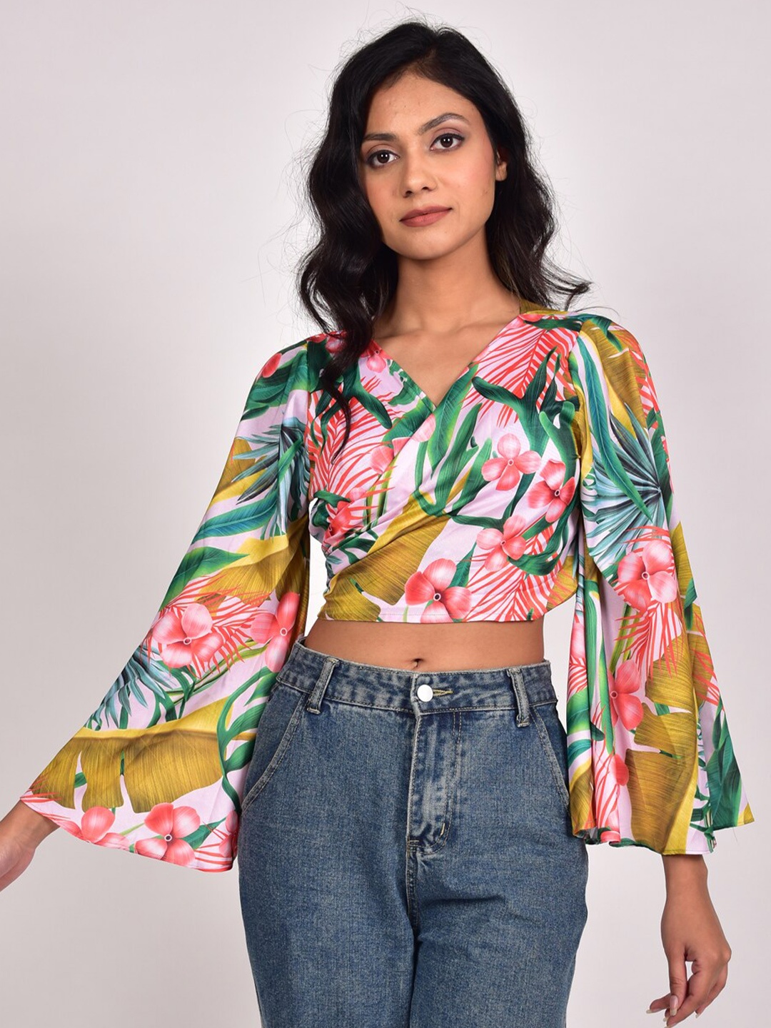 

Rajoria Instyle Printed V Neck Wrap Crop Top, Mustard
