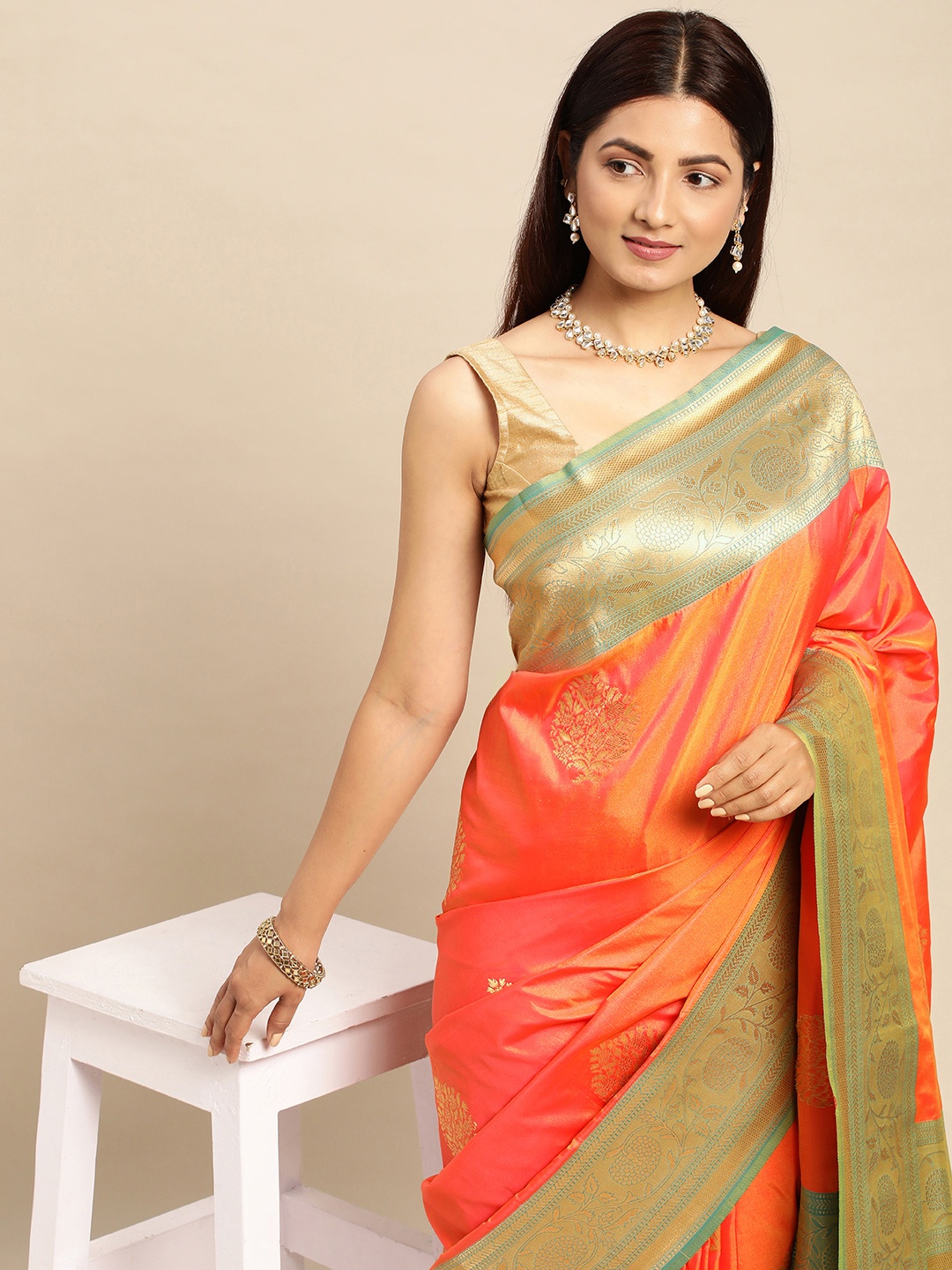 

Royal Rajgharana Saree Woven Design Ethnic Motifs Zari Art Silk Banarasi Saree, Orange