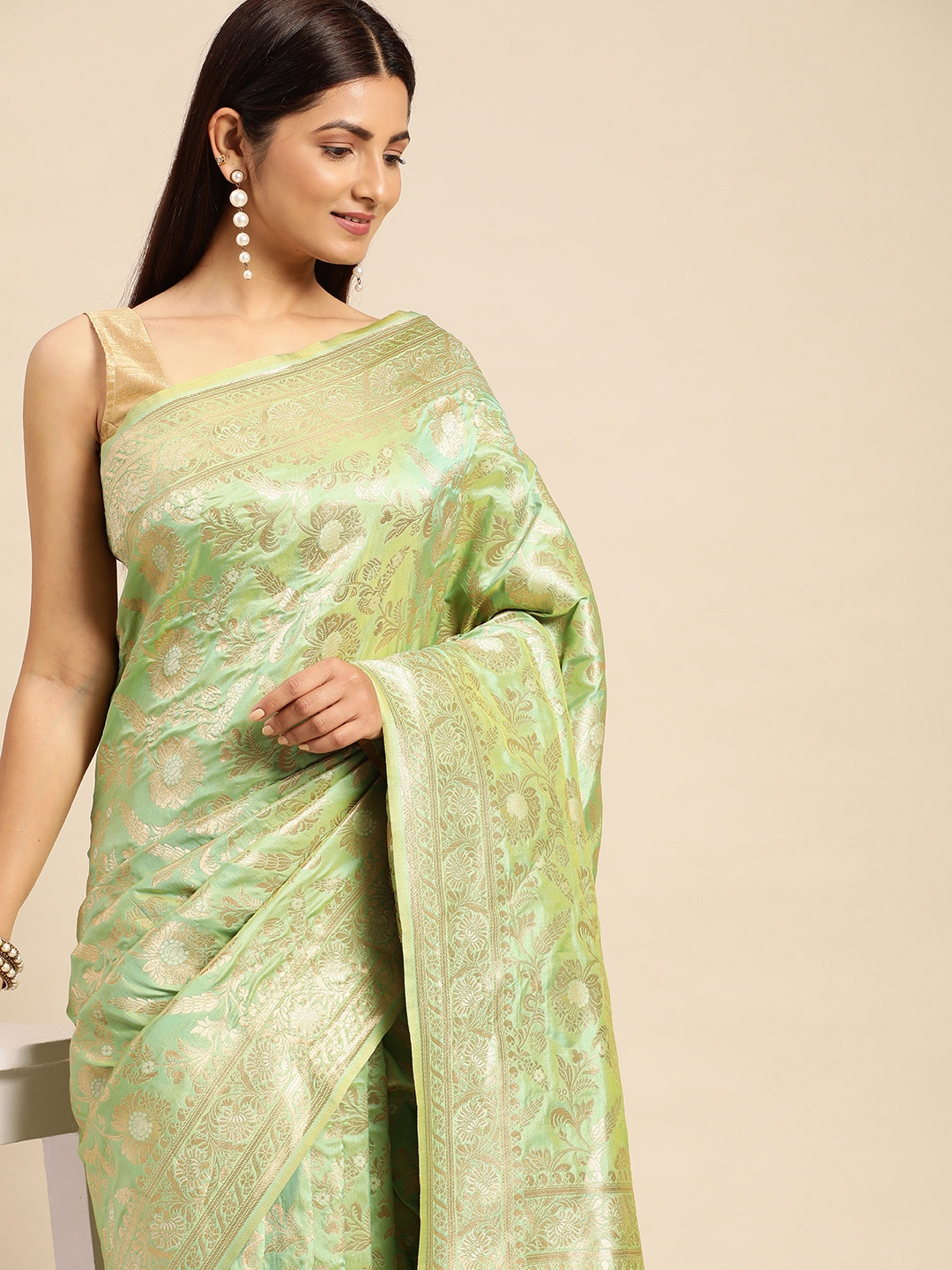 

Royal Rajgharana Saree Woven Design Ethnic Motifs Zari Art Silk Banarasi Saree, Sea green