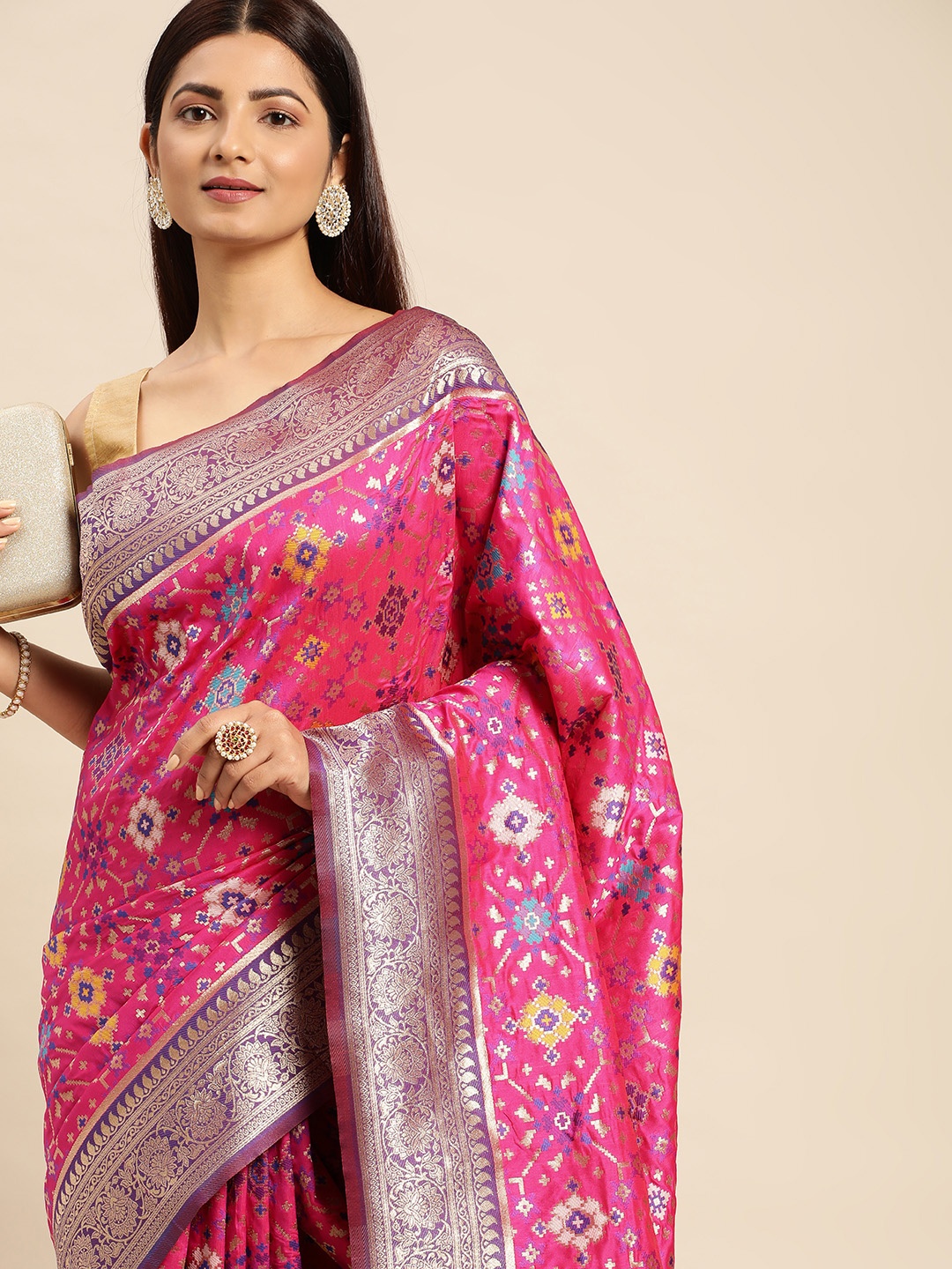 

Royal Rajgharana Saree Ethnic Motifs Zari Patola Sarees, Pink