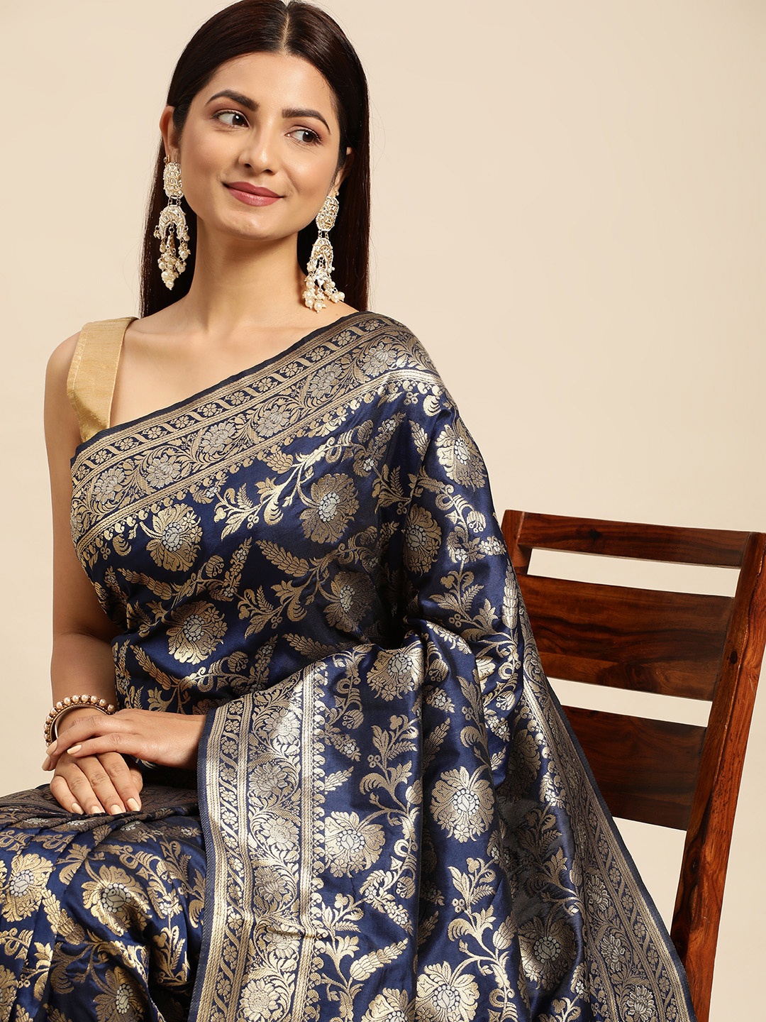 

Royal Rajgharana Saree Ethnic Motifs Zari Art Silk Banarasi Saree, Navy blue