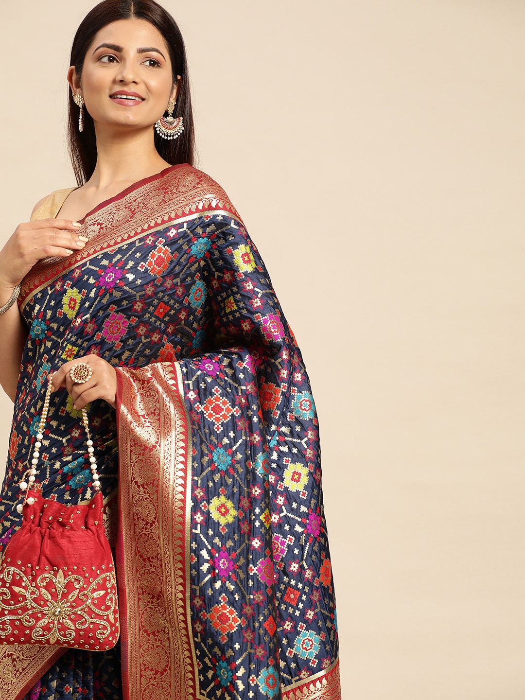 

Royal Rajgharana Saree Ethnic Motifs Zari Patola Sarees, Navy blue