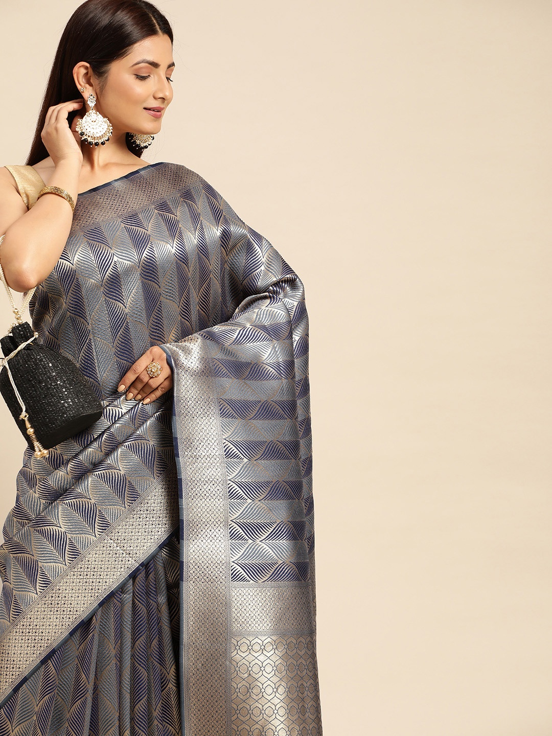 

Royal Rajgharana Saree Ethnic Motifs Zari Banarasi Sarees, Navy blue