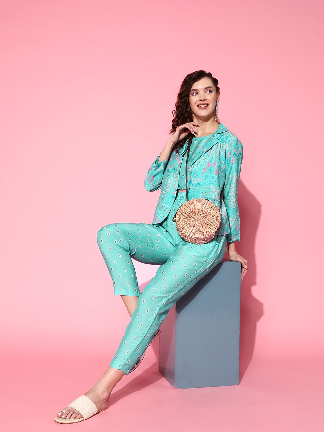 

ZOLA Printed Top with Trousers, Turquoise blue
