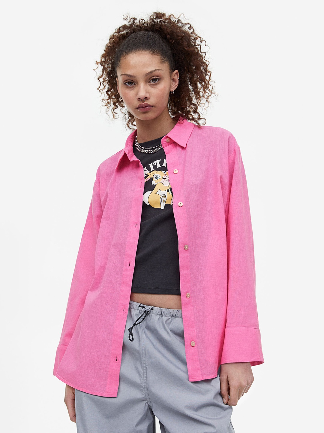 

H&M Women Linen-Blend Shirt, Pink
