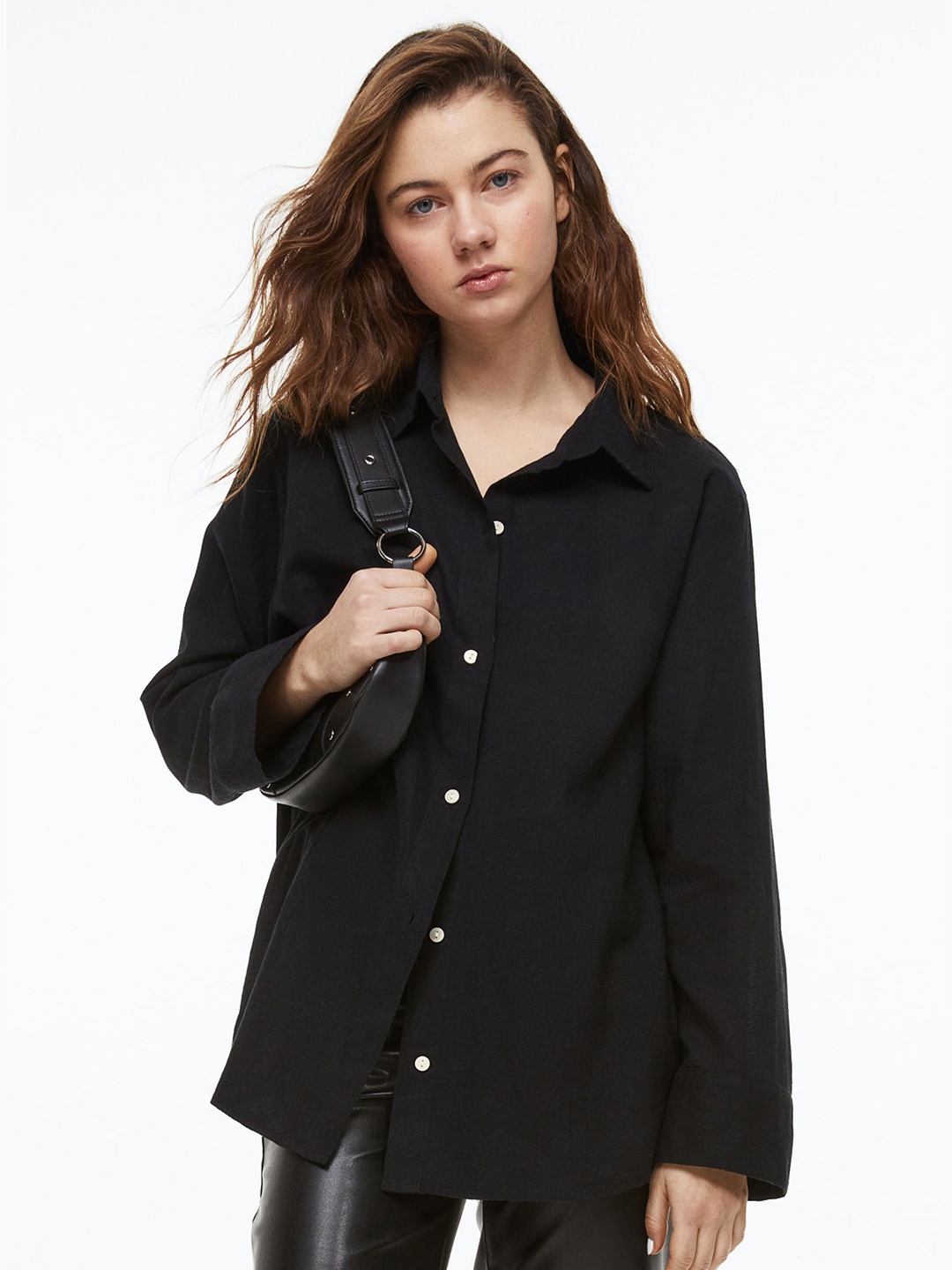 

H&M Women Linen-Blend Shirt, Black