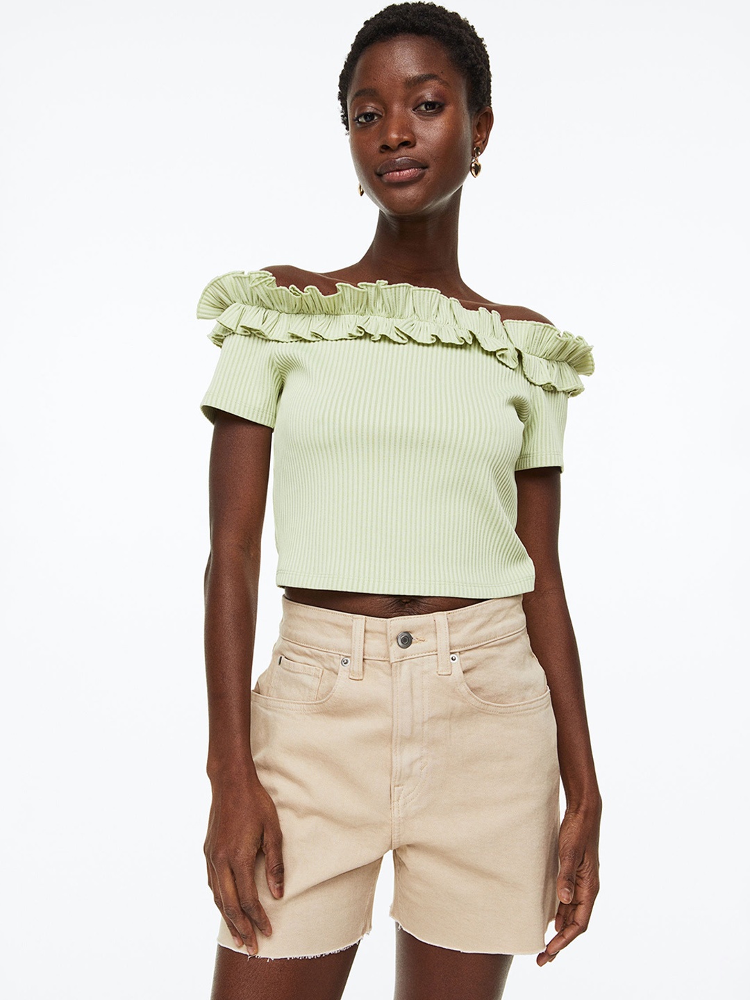 

H&M Women High Waist Denim Shorts, Beige
