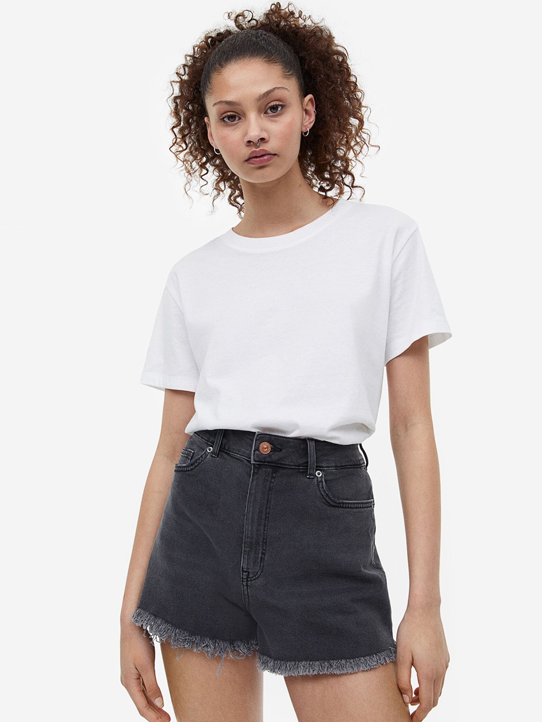 

H&M Women High-Waisted Denim Shorts, Charcoal