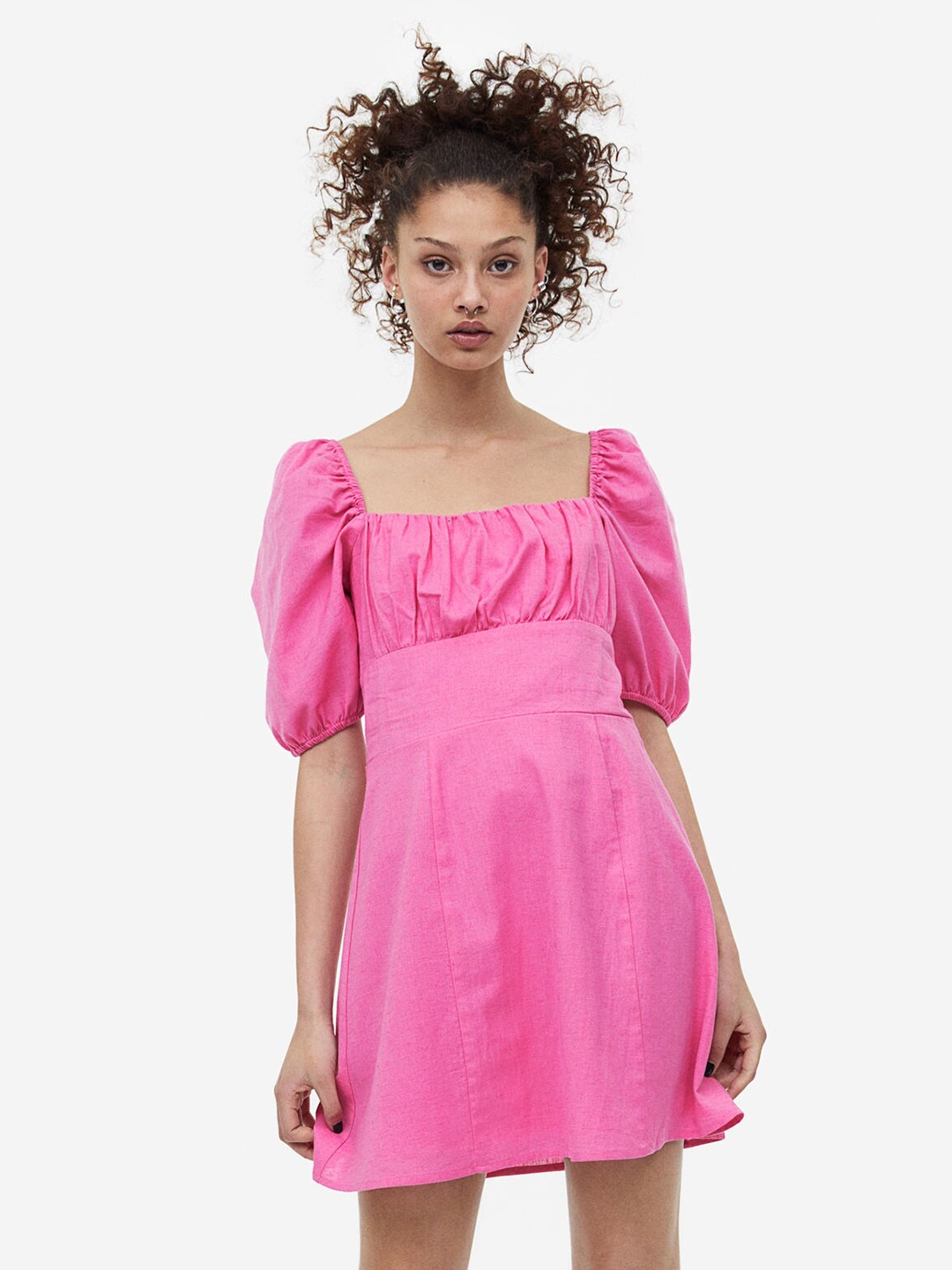 

H&M Puff-Sleeved Poplin Dress, Pink