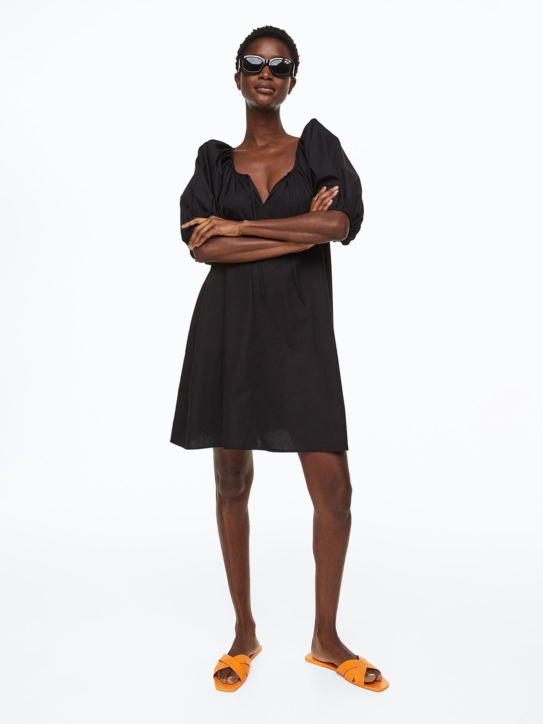 

H&M Women Puff-Sleeved Tie-Detail Dress, Black