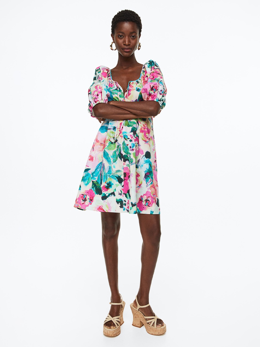 

H&M Pure Cotton Puff-Sleeved Tie-Detail Dress, White