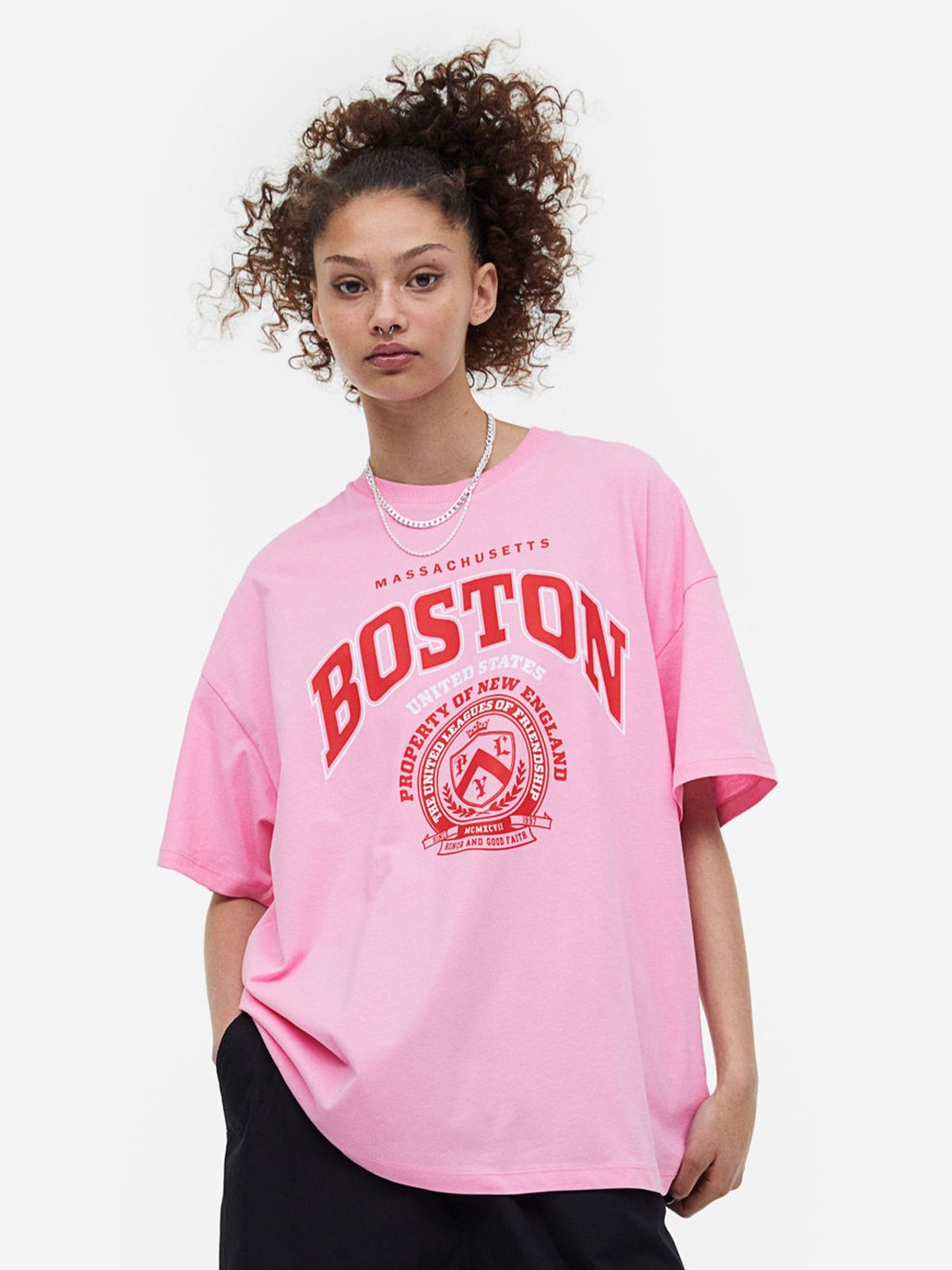 

H&M Women Oversized Printed T-Shirt, Pink