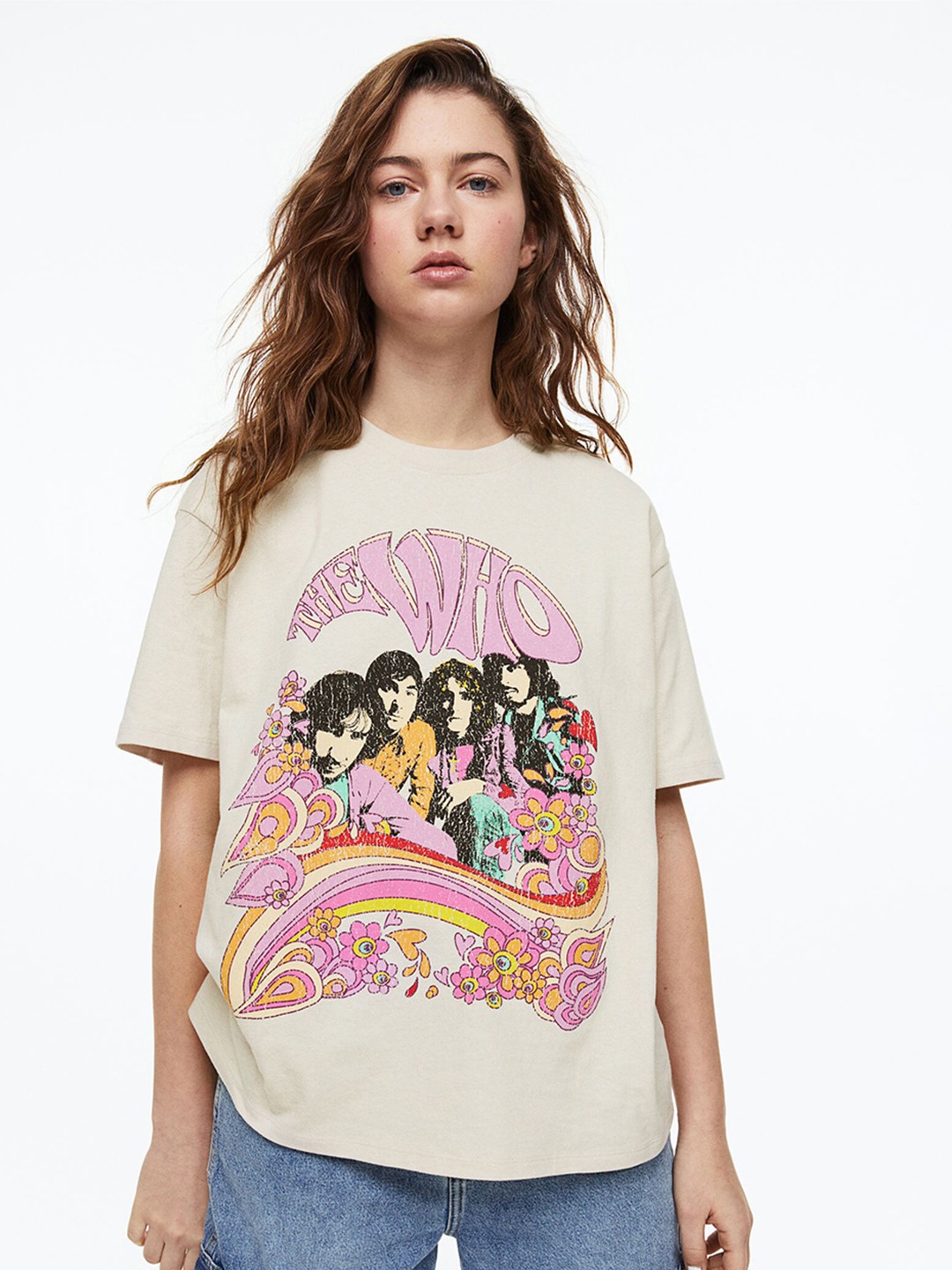 

H&M Women Oversized Printed T-Shirt, Beige