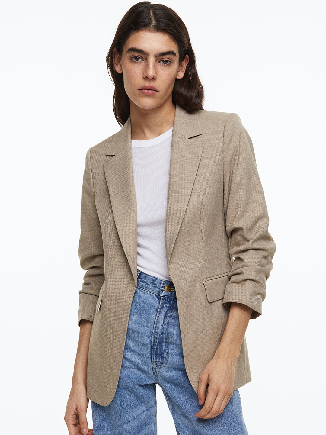 

H&M Women Gathered-Sleeve Blazer, Beige
