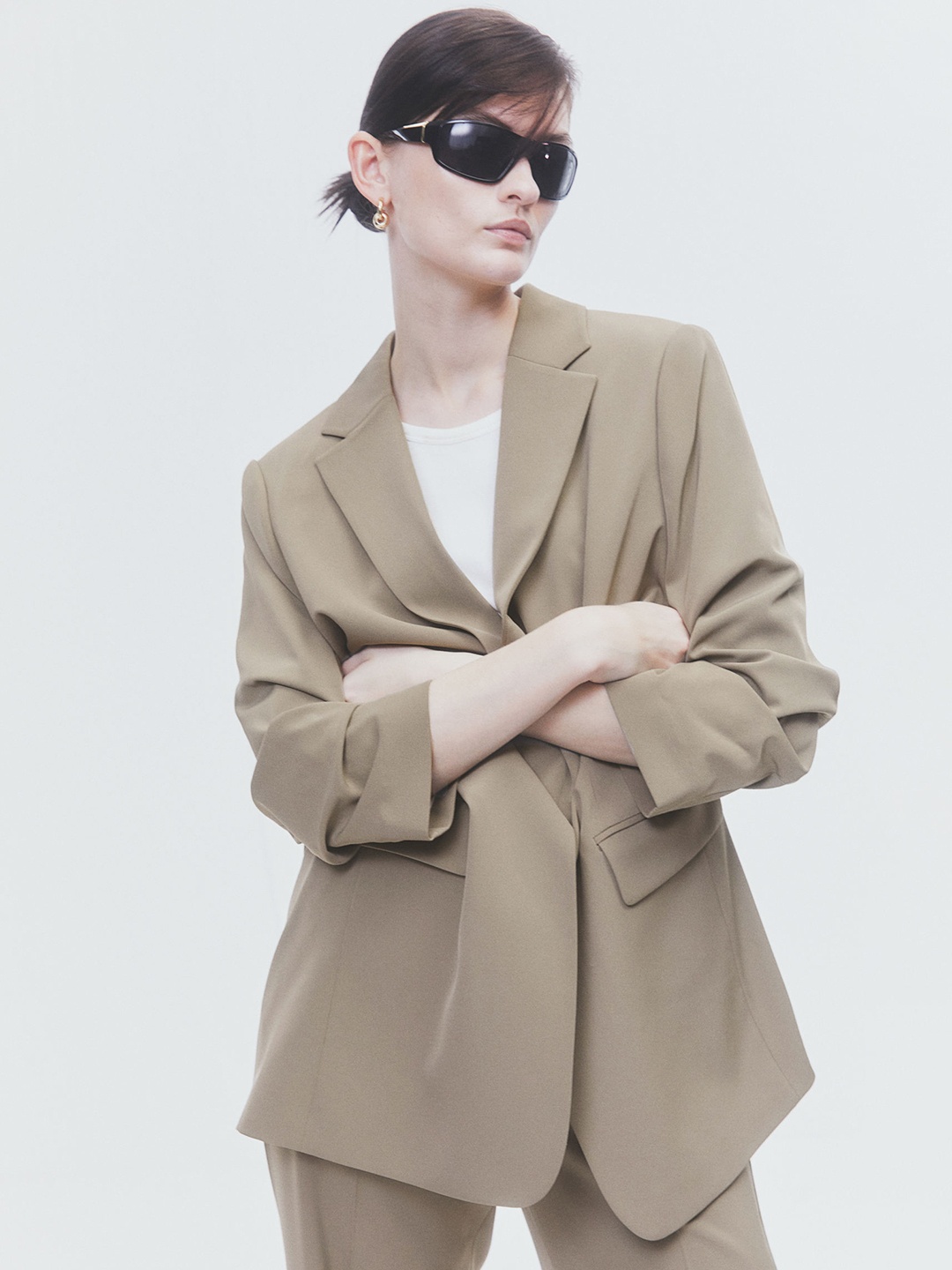 

H&M Women Gathered-Sleeve Jacket, Beige