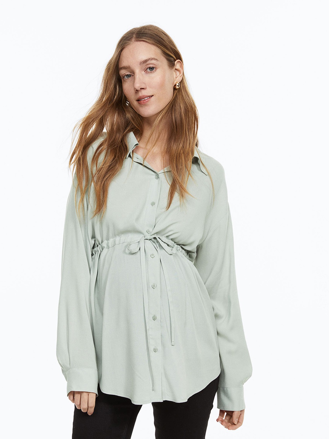 

H&M Women MAMA Tie-Belt Blouse, Sea green