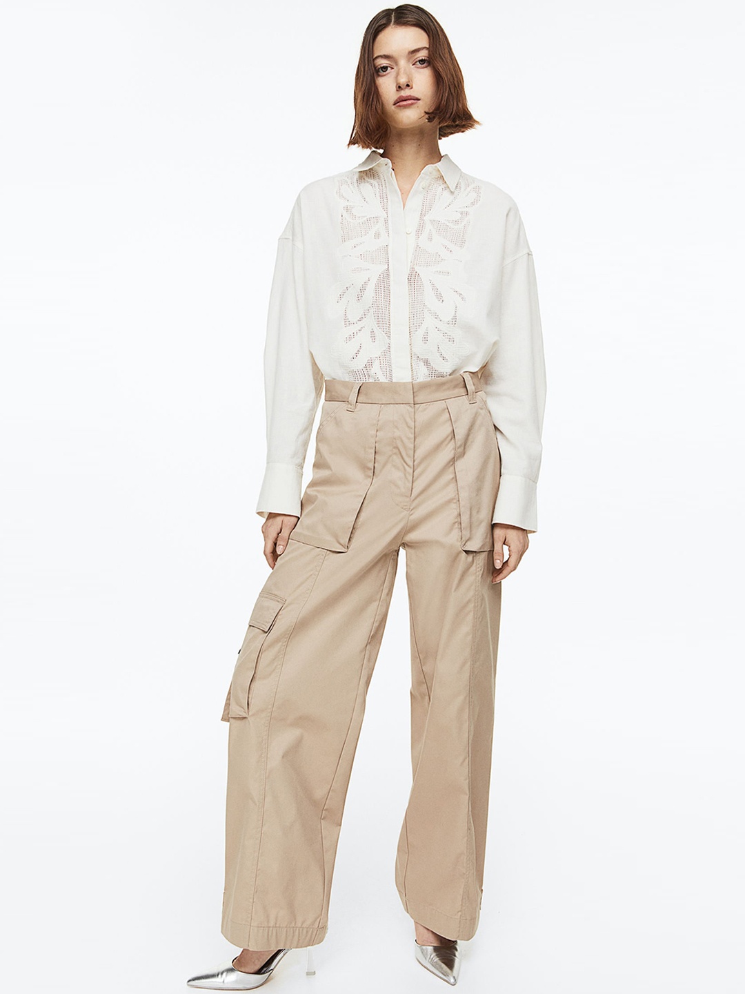 

H&M Women Wide Cargo Trousers, Beige