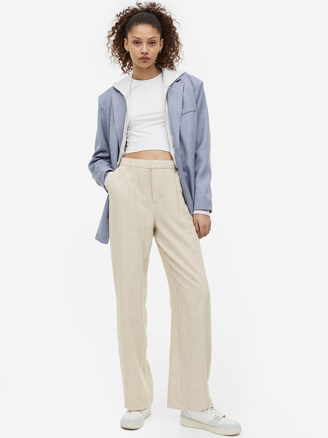 

H&M Women Linen-Blend Tailored Trousers, Beige