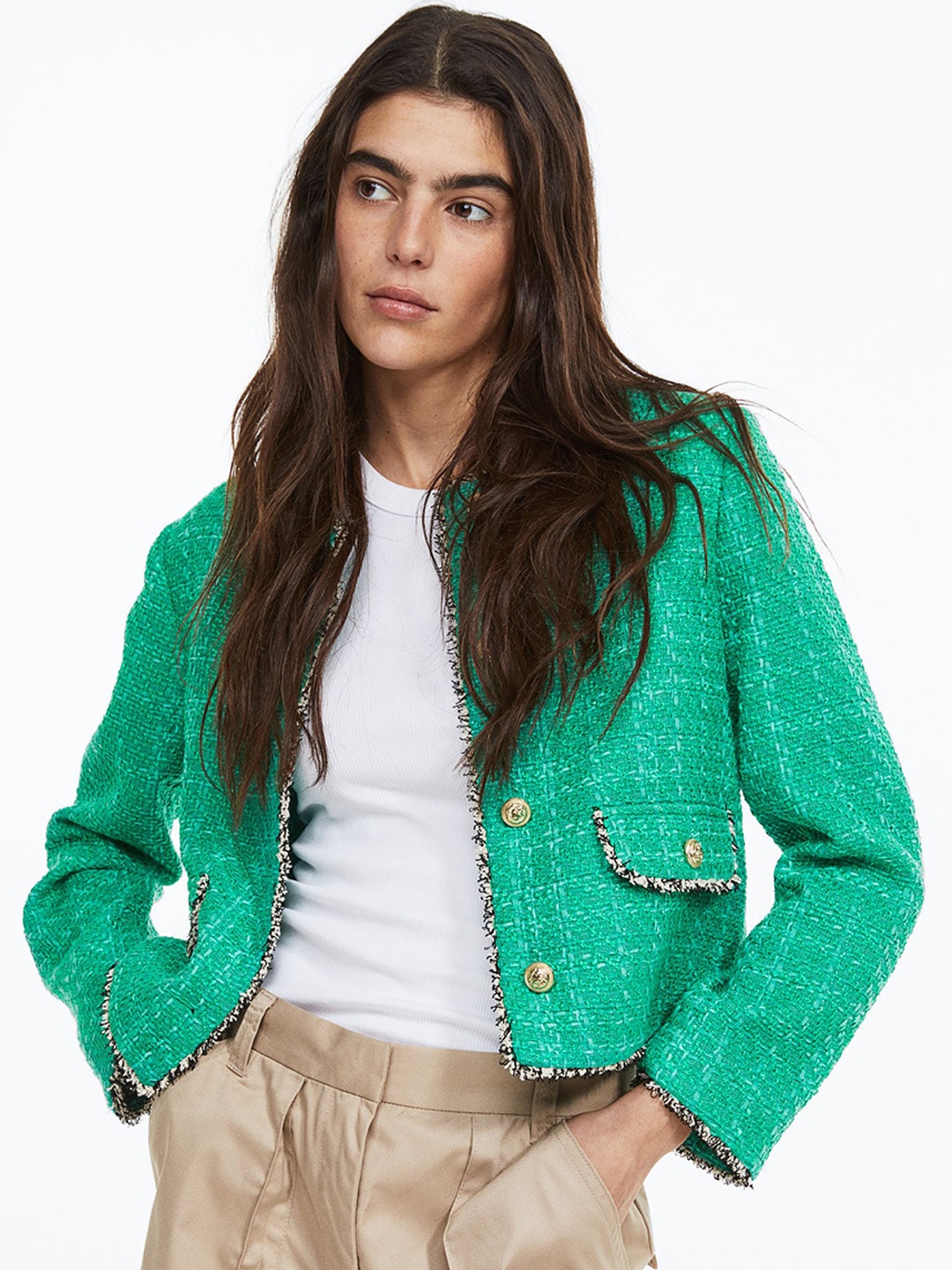 

H&M Woman Textured-Weave Jacket, Green