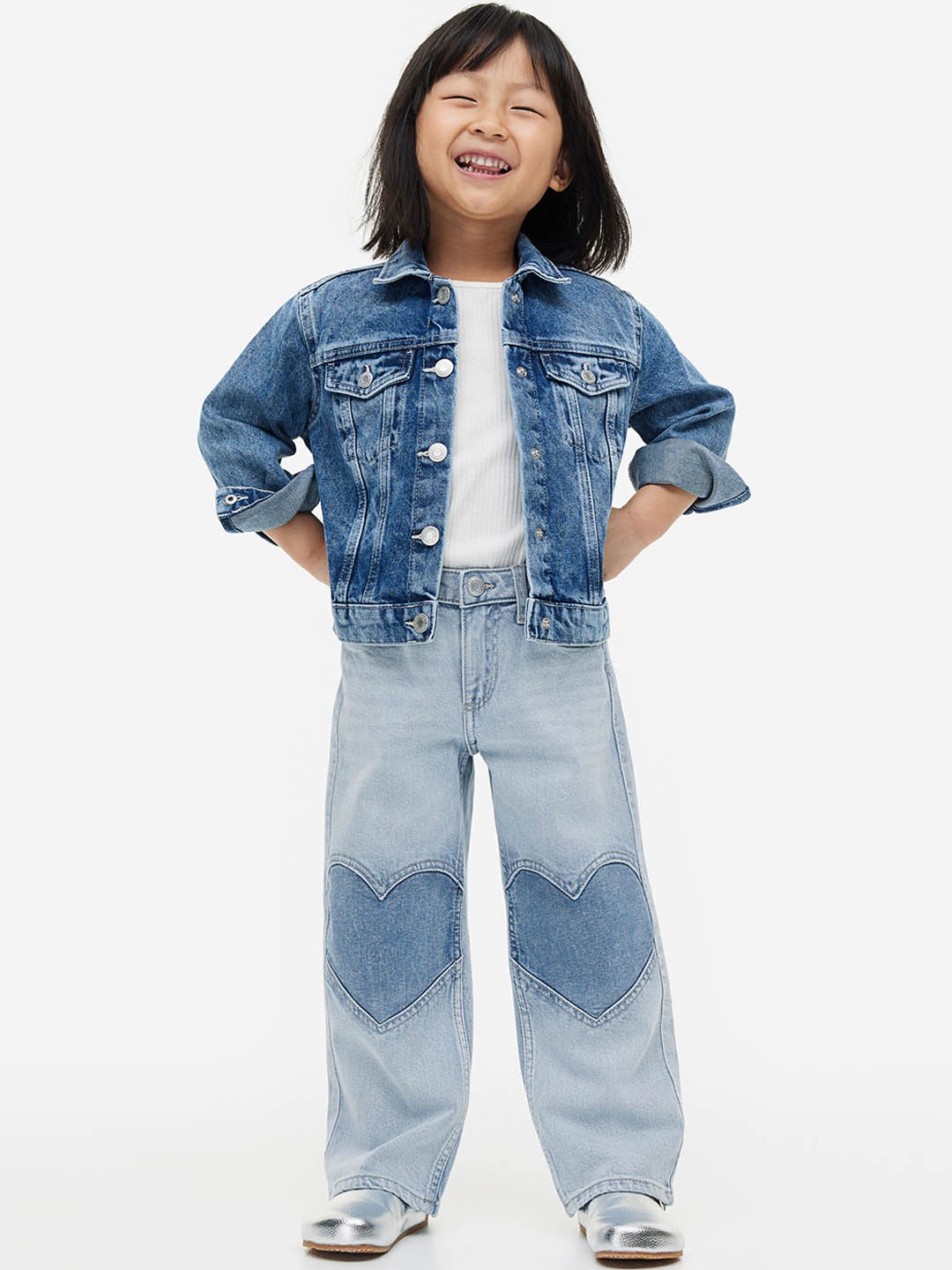

H&M Girls Wide Leg Jeans With Reinforced Knees, Blue