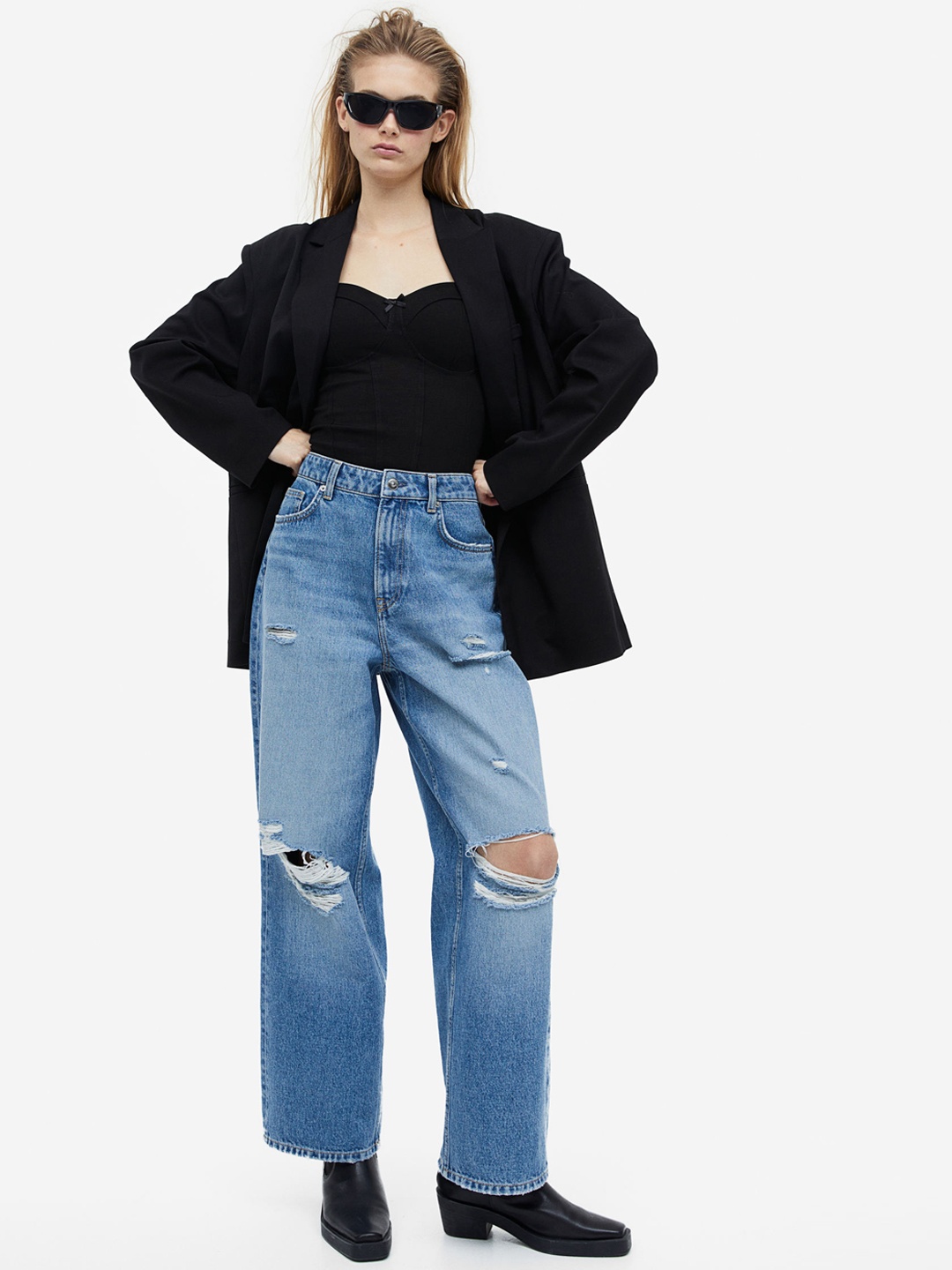 

H&M Women Pure Cotton 90s Baggy High Jeans, Blue