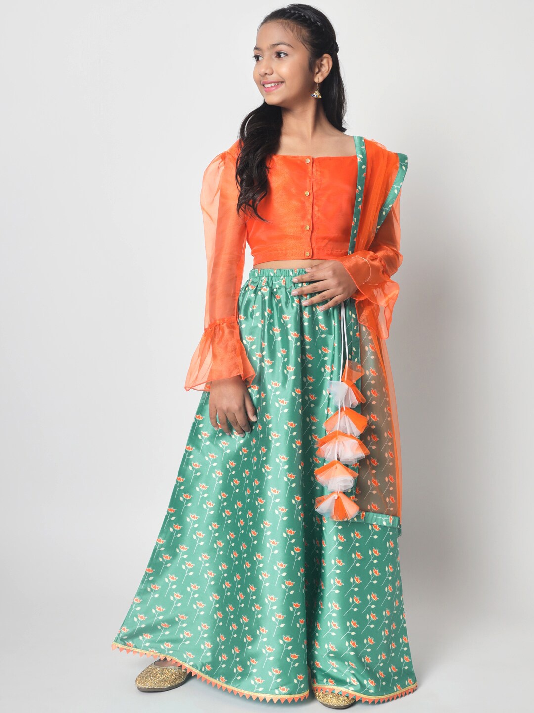

studio rasa Girls Ready to Wear Lehenga & Blouse With Dupatta, Green