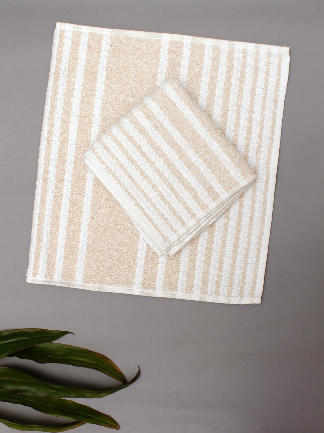 

AVI Living Beige & White 2 Pieces Striped 500 GSM Pure Cotton Hand Towels
