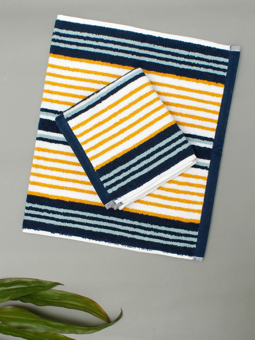 

AVI Living Blue & Yellow 2 Pcs Striped 500 GSM Cotton Hand Towels