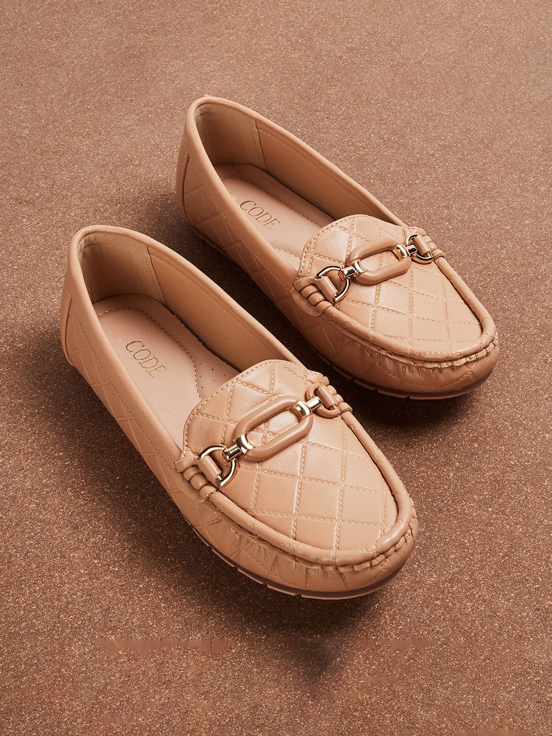 

CODE by Lifestyle Women Textured Buckle Detail Loafers, Camel brown