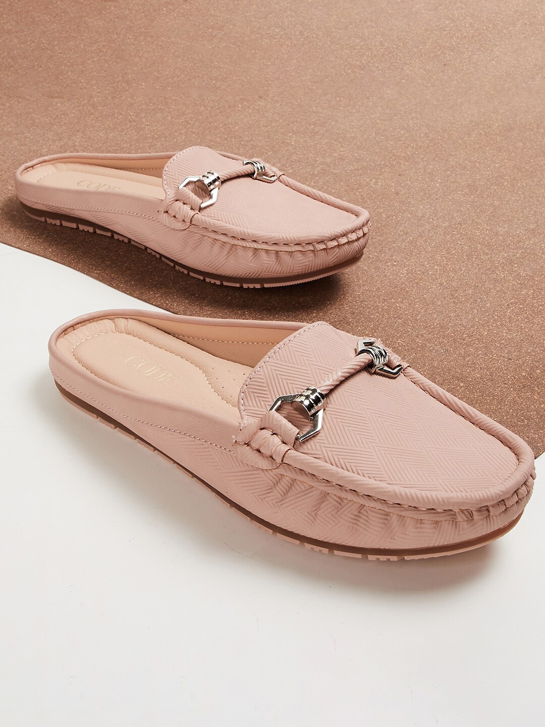 

CODE by Lifestyle Women Textured Buckle Detail Mules, Peach