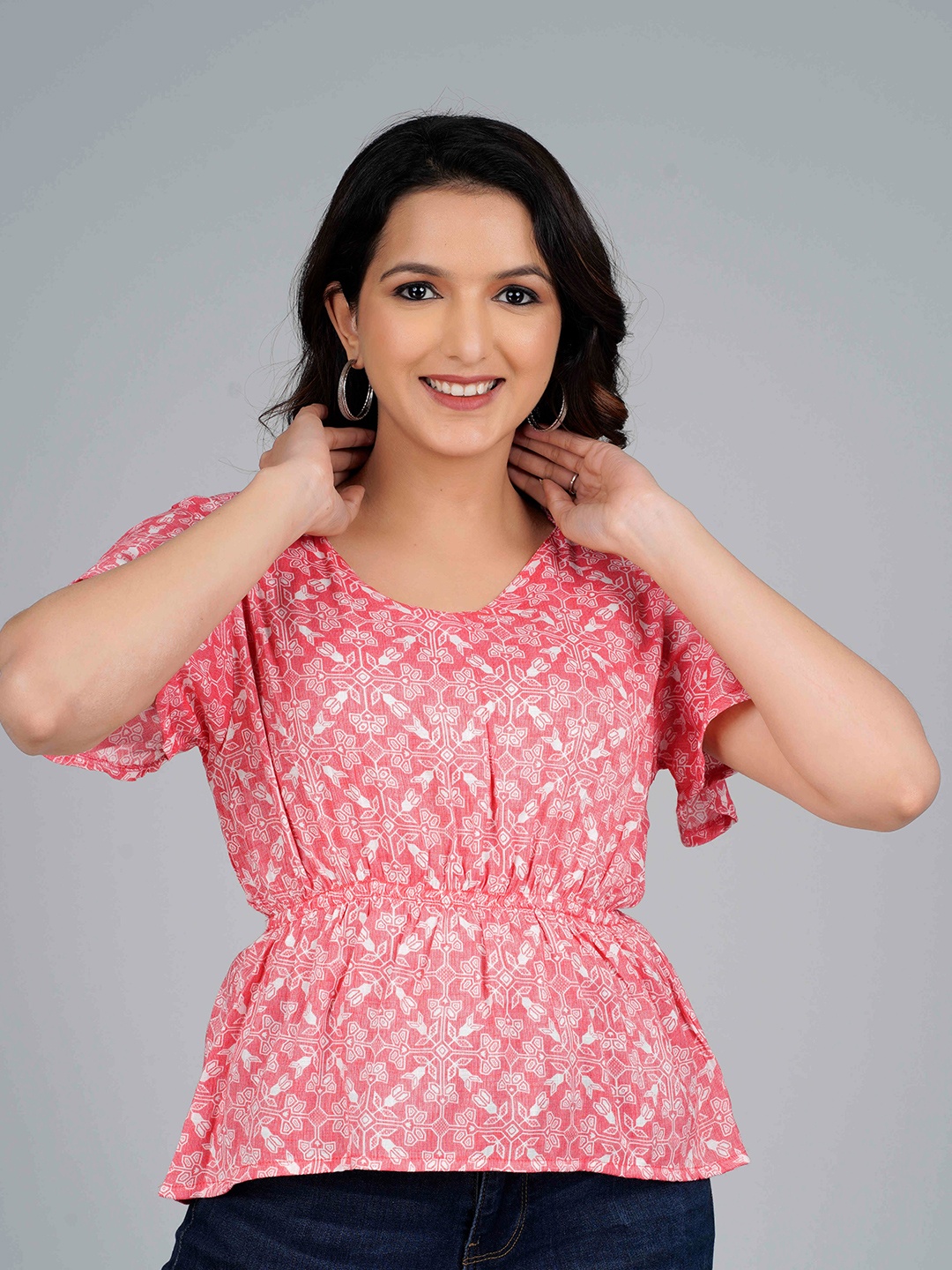 

NITVAN Ethnic Motifs Print Cinched Waist Top, Peach