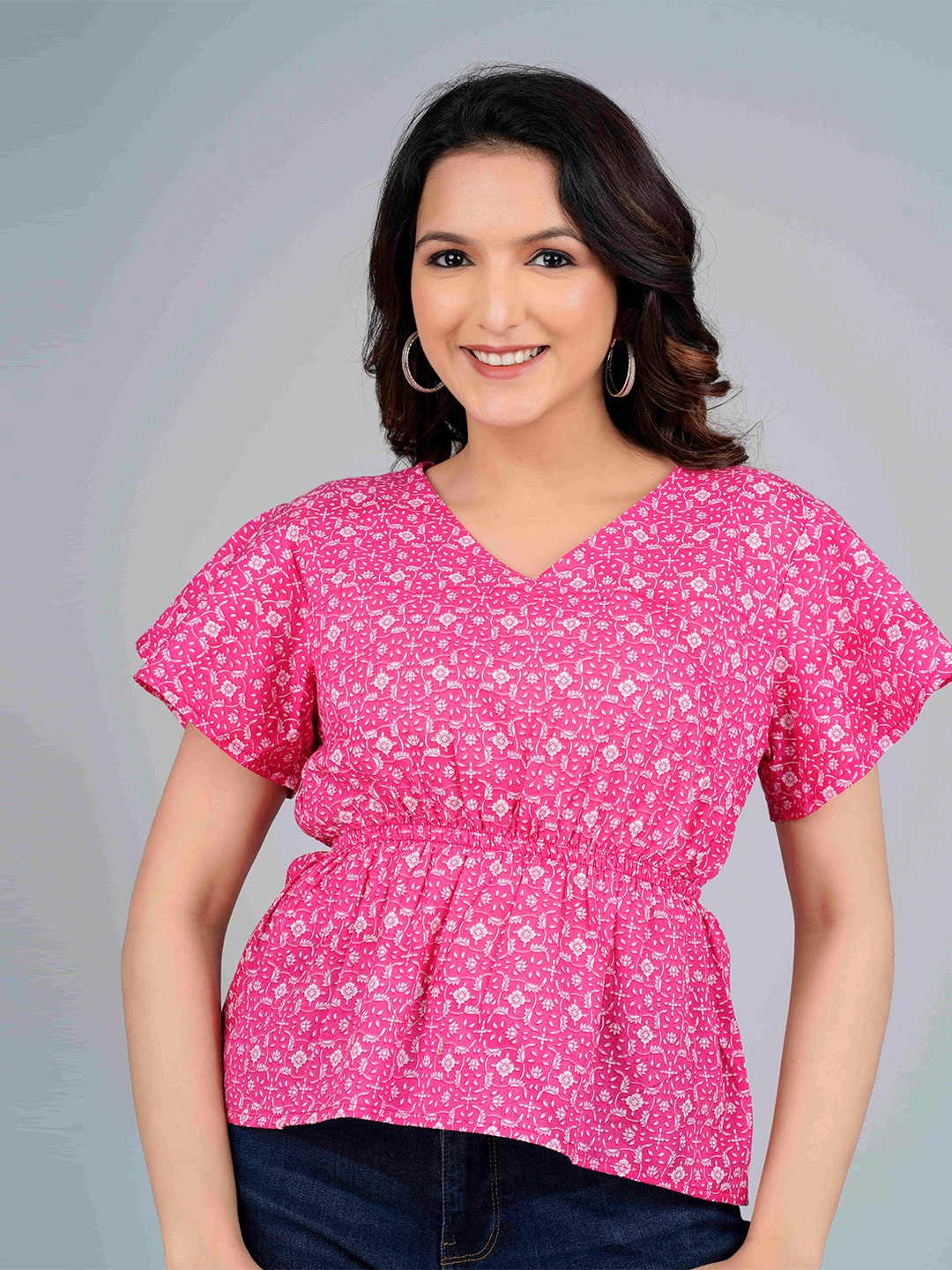 

NITVAN Floral Print Cinched Waist Flared Sleeves Cotton Top, Pink