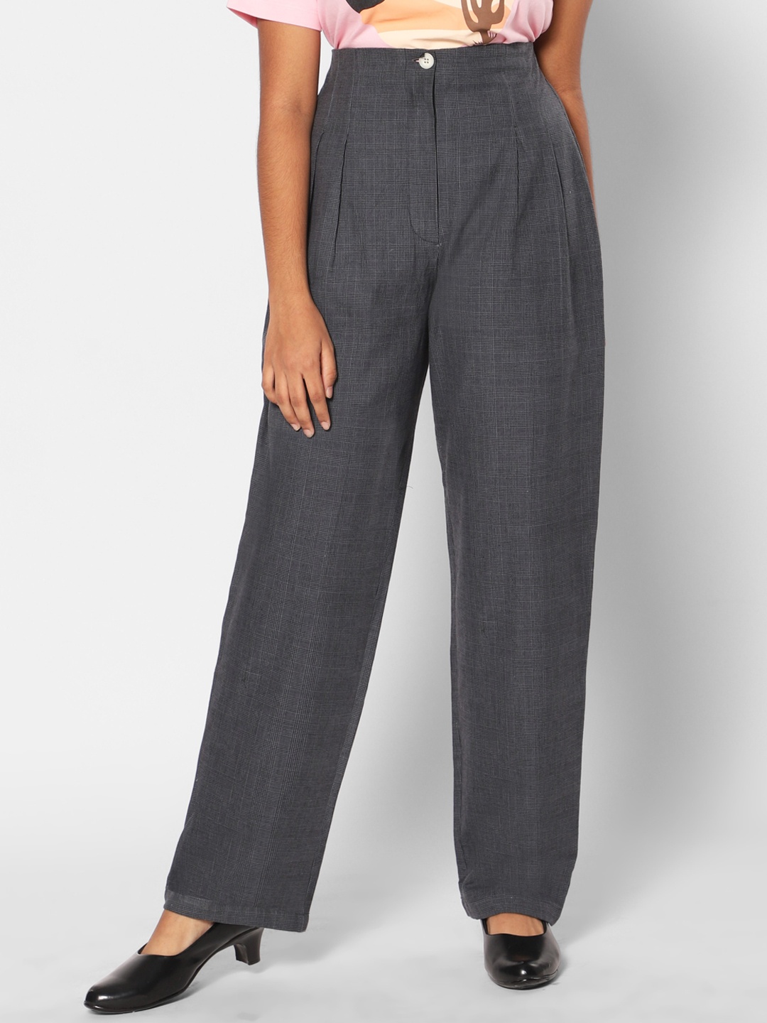 

TeenTrums Girls Checked Straight Fit Cotton High-Rise Pleated Trousers, Navy blue