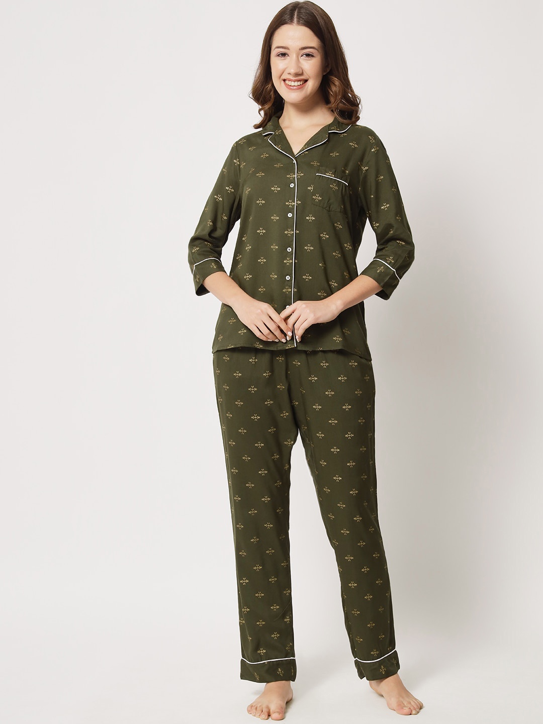 

HERE&NOW Women Striped Night Suit, Green