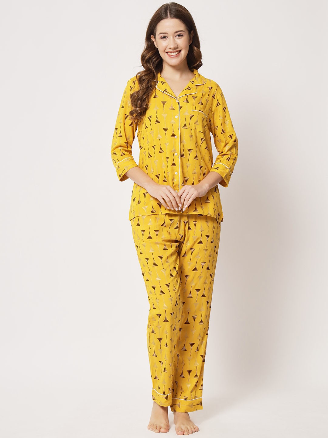 

HERE&NOW Women Geometric Printed Night Suit, Mustard