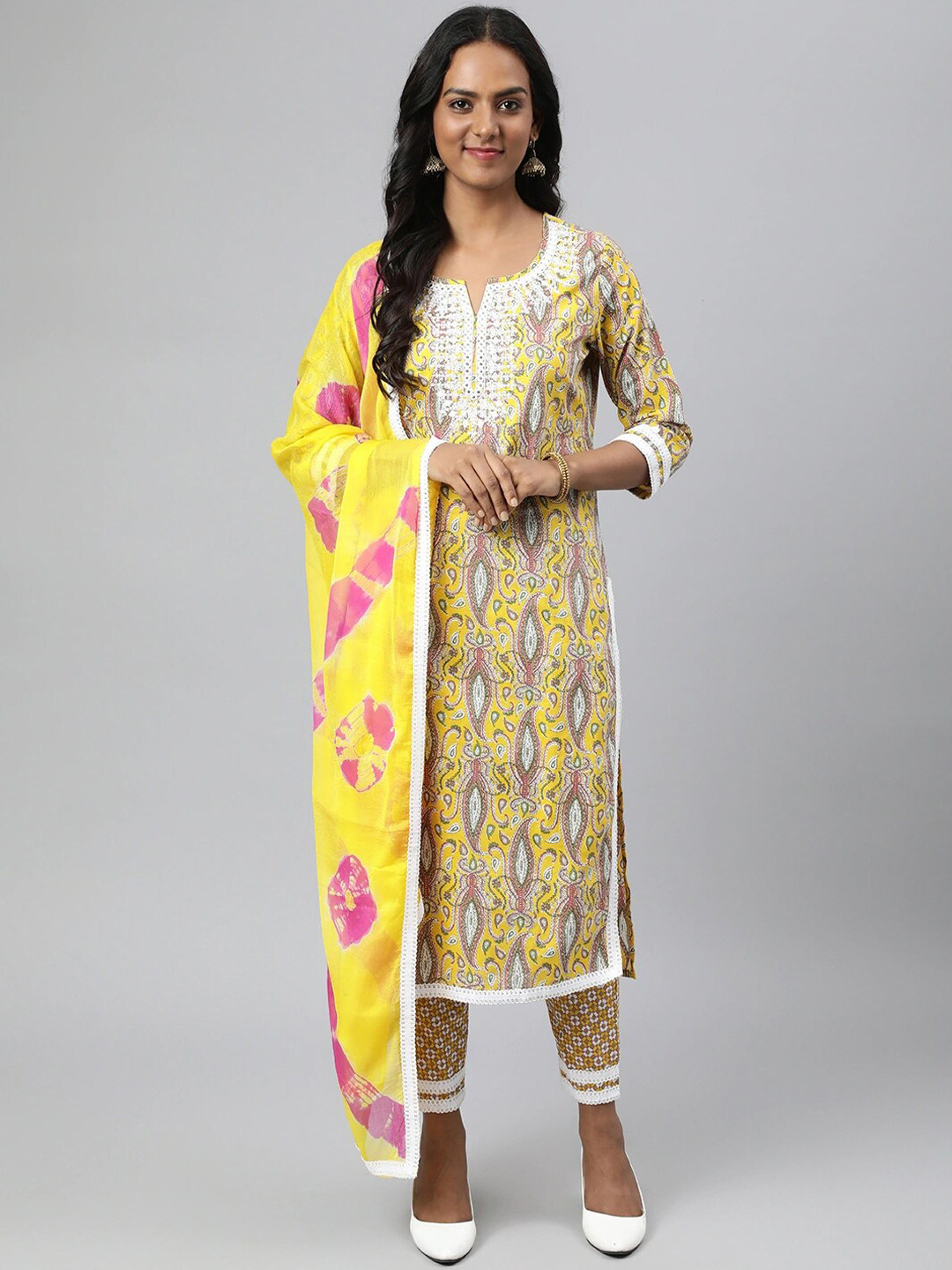 

Readiprint Fashions Women Ethnic Motifs Printed Pure Cotton Kurta & Trousers With Dupatta, Yellow