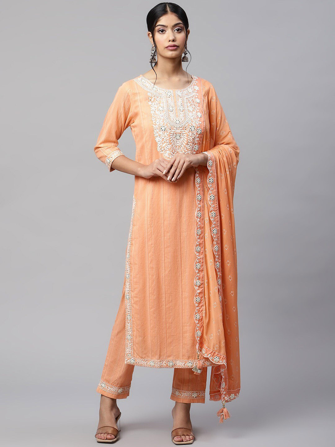 

Readiprint Fashions Women Floral Embroidered Pure Cotton Kurta With Palazzos & Dupatta, Orange