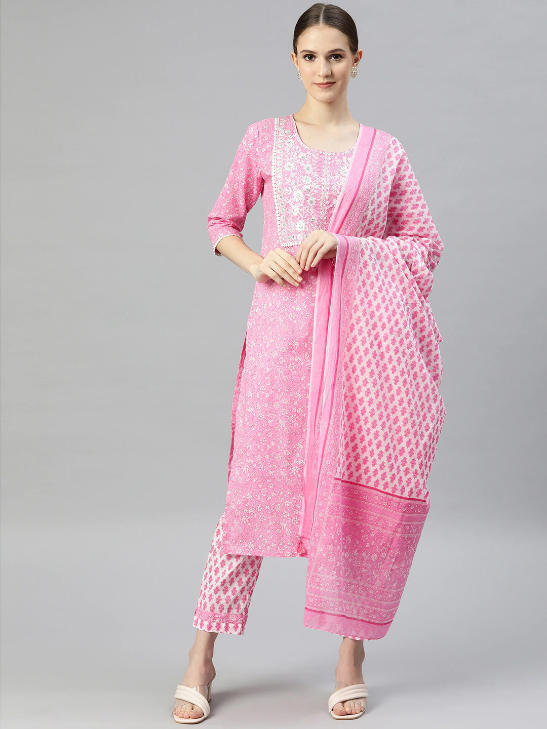 

Readiprint Fashions Women Floral Embroidered Pure Cotton Kurta With Trousers & Dupatta, Pink