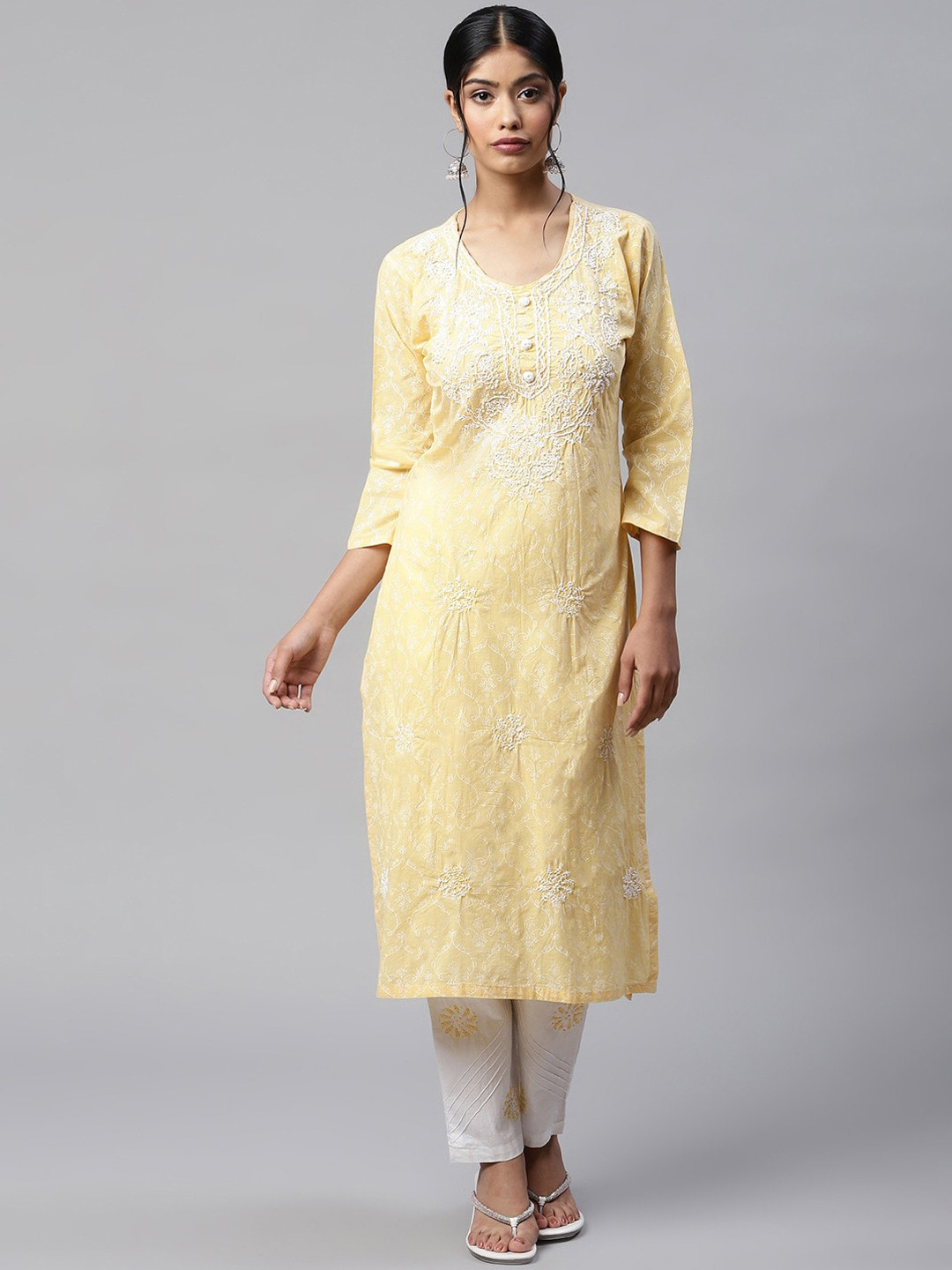 

Readiprint Fashions Women Floral Embroidered Chikankari Pure Cotton Kurta With Palazzos, Yellow